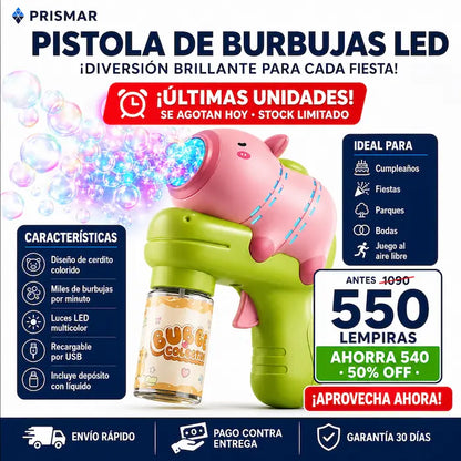 Pistola de Burbujas Automática con Luces LED — Miles de Burbujas de Colores para el Juguete Favorito del Verano
