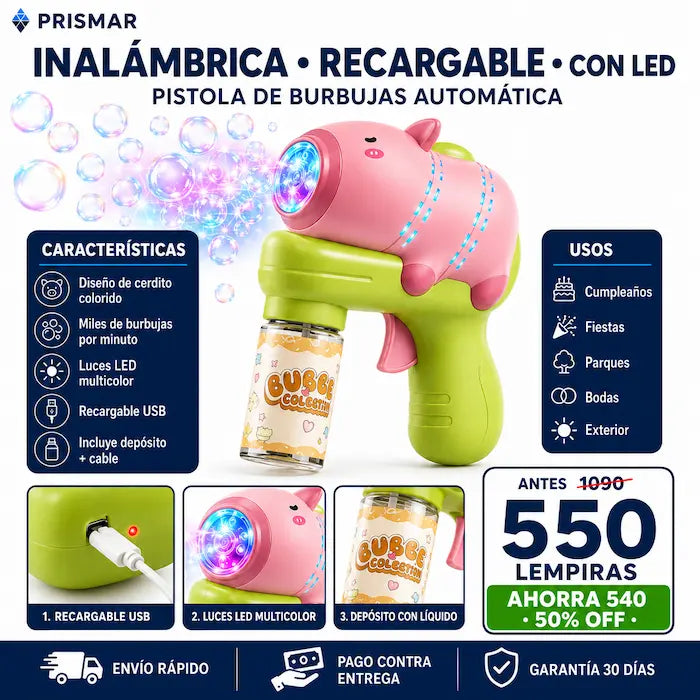 Pistola de Burbujas Automática con Luces LED — Miles de Burbujas de Colores para el Juguete Favorito del Verano