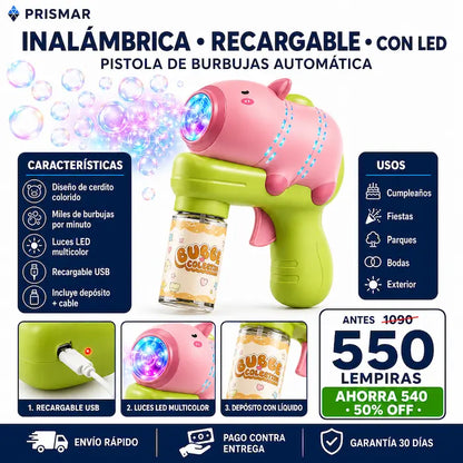 Pistola de Burbujas Automática con Luces LED — Miles de Burbujas de Colores para el Juguete Favorito del Verano