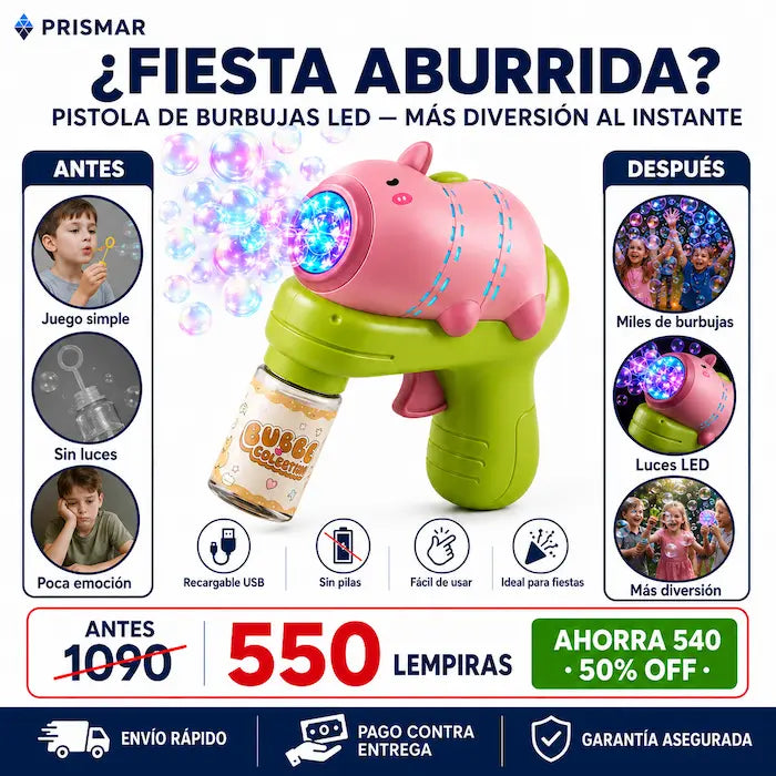 Pistola de Burbujas Automática con Luces LED — Miles de Burbujas de Colores para el Juguete Favorito del Verano