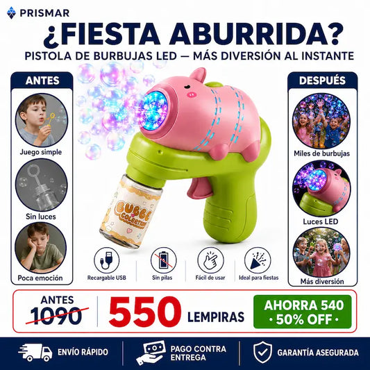 Pistola de Burbujas Automática con Luces LED — Miles de Burbujas de Colores para el Juguete Favorito del Verano