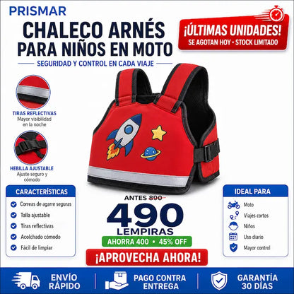 Chaleco Arnés de Seguridad para Niños en Moto — Tu Hijo Seguro, Bien Sujeto y con su Personaje Favorito