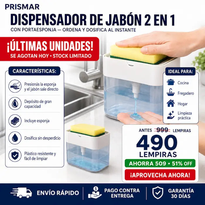 Dispensador de Jabón 2 en 1 con Portaesponja — Lavá los Platos Sin Botella Suelta y Sin Desperdiciar Jabón