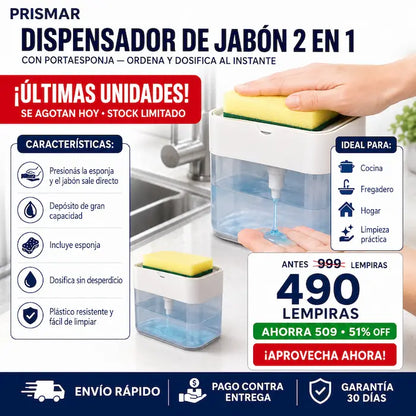 Dispensador de Jabón 2 en 1 con Portaesponja — Lavá los Platos Sin Botella Suelta y Sin Desperdiciar Jabón