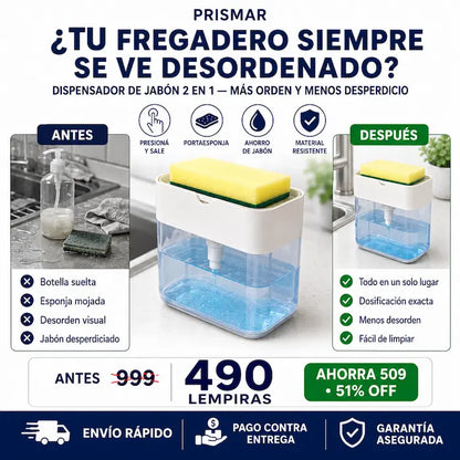 Dispensador de Jabón 2 en 1 con Portaesponja — Lavá los Platos Sin Botella Suelta y Sin Desperdiciar Jabón