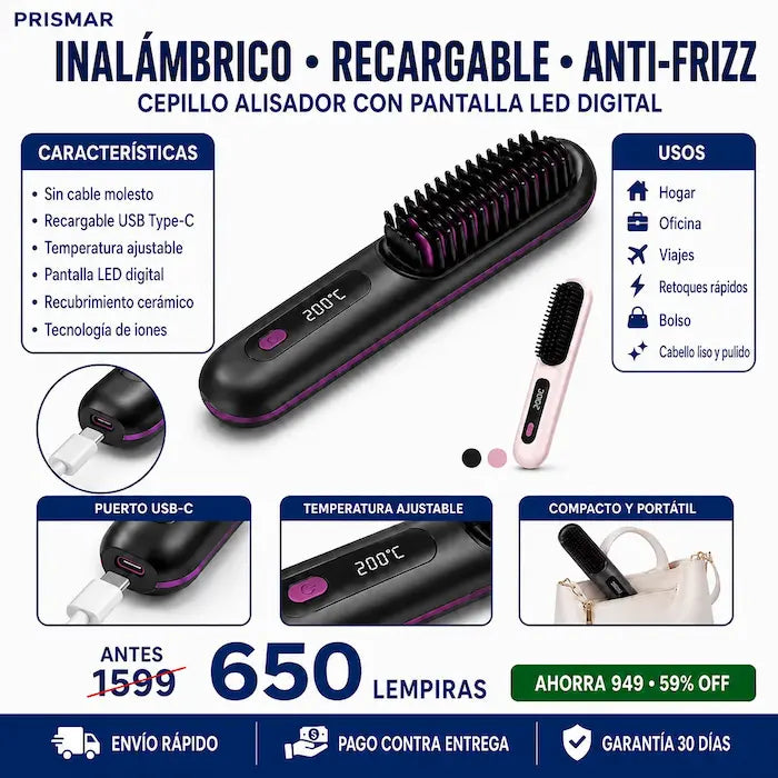 Cepillo Alisador Inalámbrico Recargable USB-C — Sin Cables, Cabe en tu Bolso