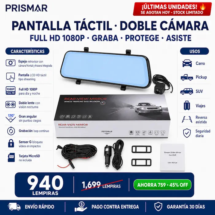 Retrovisor con Doble Cámara DVR Full HD 1080P para Auto