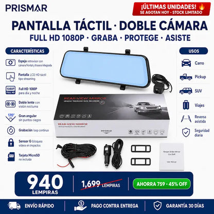 Retrovisor con Doble Cámara DVR Full HD 1080P para Auto