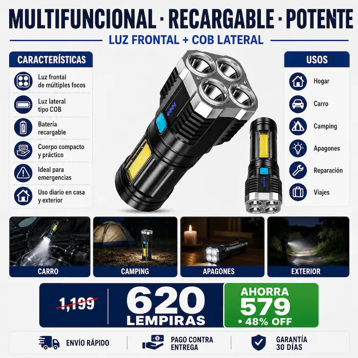 Linterna Multifuncional Recargable de Alta Potencia