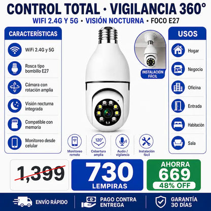Foco Cámara WiFi de Seguridad 360°