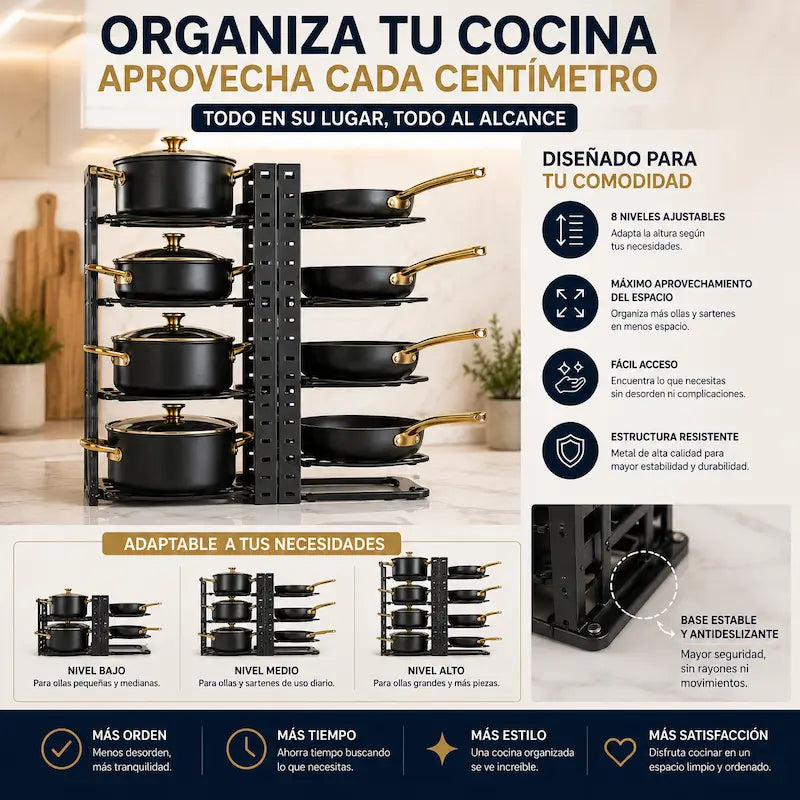 PanRack Pro – Organizador Ajustable de Ollas y Tapas