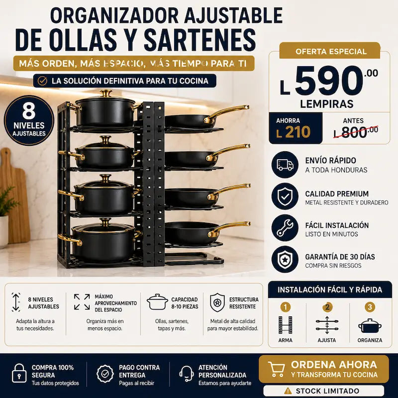 PanRack Pro – Organizador Ajustable de Ollas y Tapas
