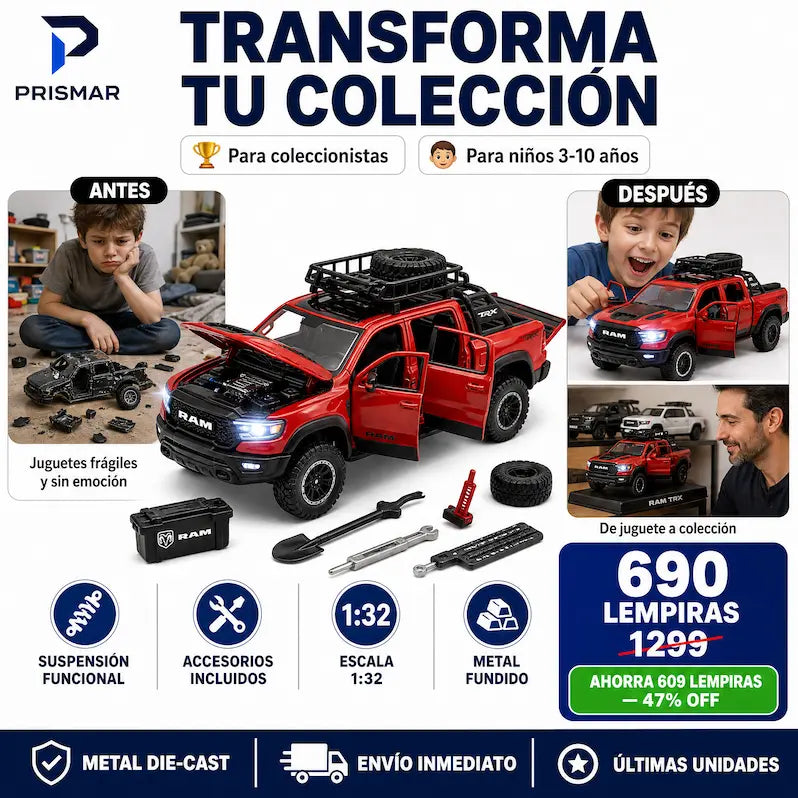 Dodge Ram TRX Die-Cast 1:32 — Edición Colección · Metal Real · Luces LED · Sonido