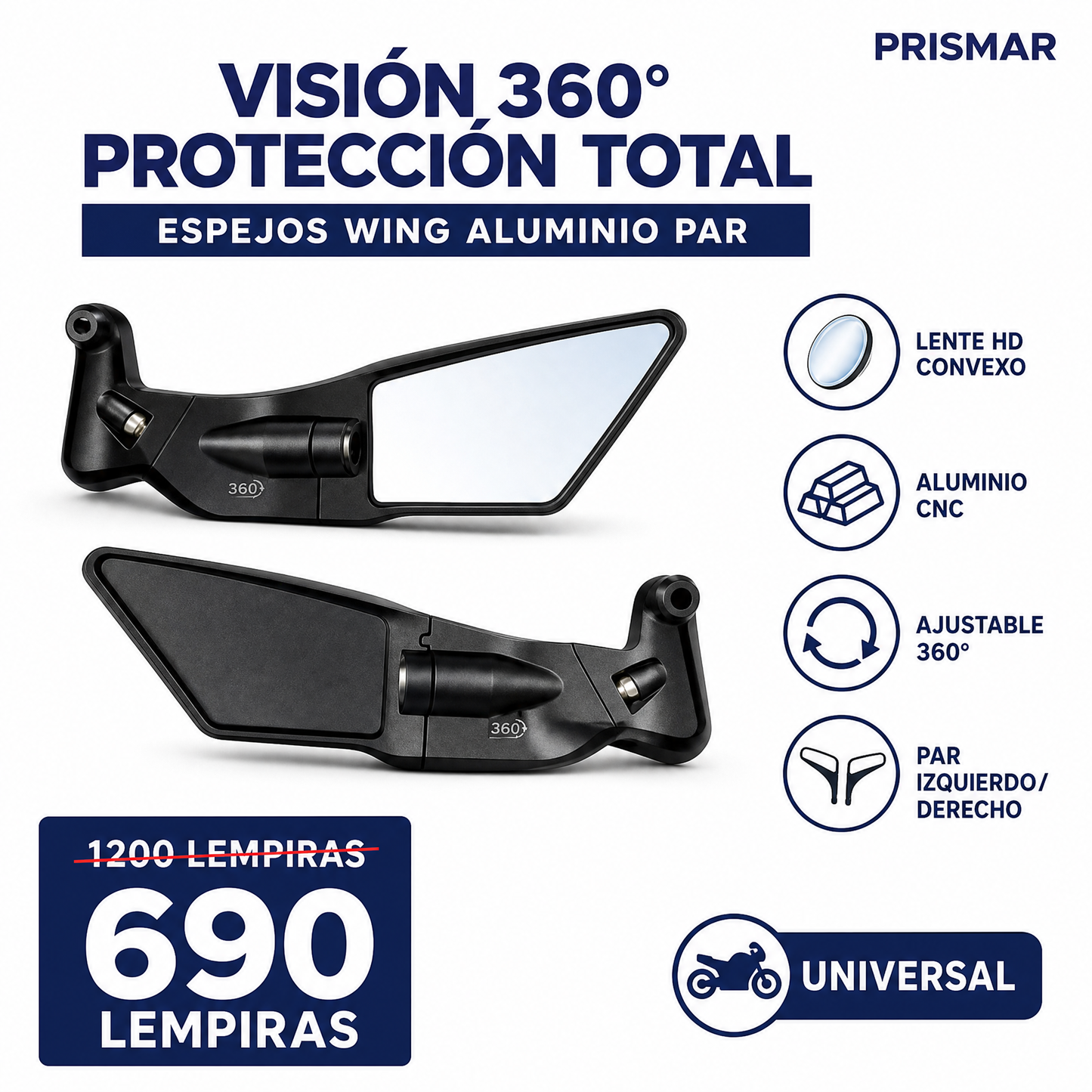 Espejos Retrovisores Wing para Motocicleta — Par · Aluminio · Lente HD Convexo · Universal