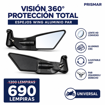 Espejos Retrovisores Wing para Motocicleta — Par · Aluminio · Lente HD Convexo · Universal
