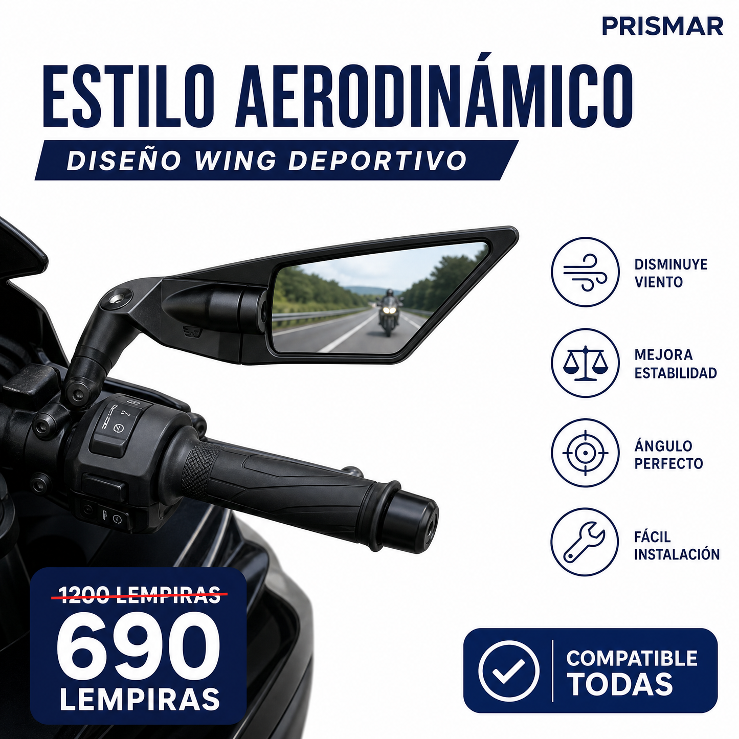 Espejos Retrovisores Wing para Motocicleta — Par · Aluminio · Lente HD Convexo · Universal