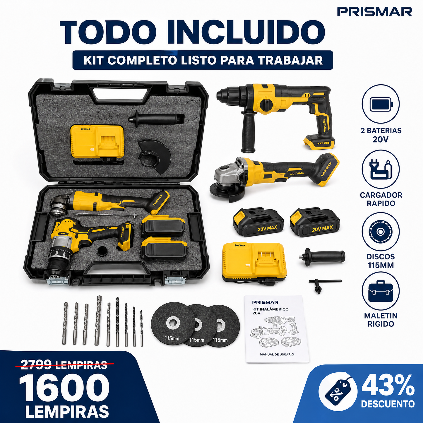 Kit Profesional Taladro Percutor + Amoladora Angular 20V — 2 Baterías · Maletín Rígido