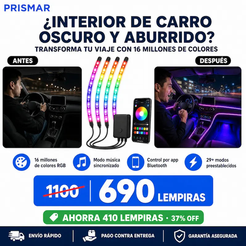 Luces LED RGB Inteligentes para Interior de Carro – Control por App + Modo Música + Garantía Extendida