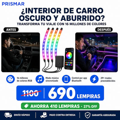 Luces LED RGB Inteligentes para Interior de Carro – Control por App + Modo Música + Garantía Extendida