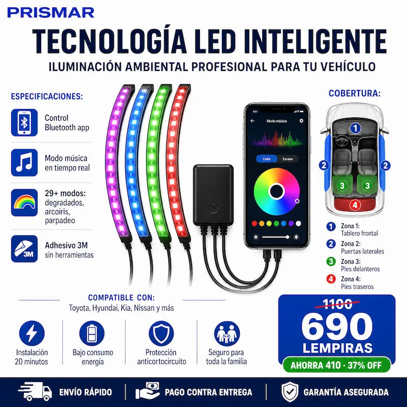 Luces LED RGB Inteligentes para Interior de Carro – Control por App + Modo Música + Garantía Extendida
