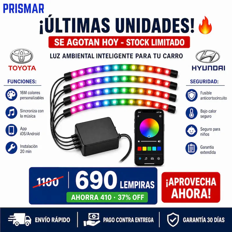 Luces LED RGB Inteligentes para Interior de Carro – Control por App + Modo Música + Garantía Extendida