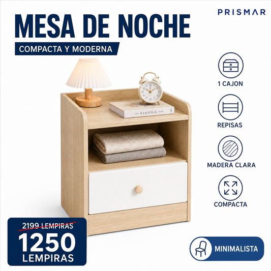 Mesa de Noche Compacta Moderna con Cajón y Repisas