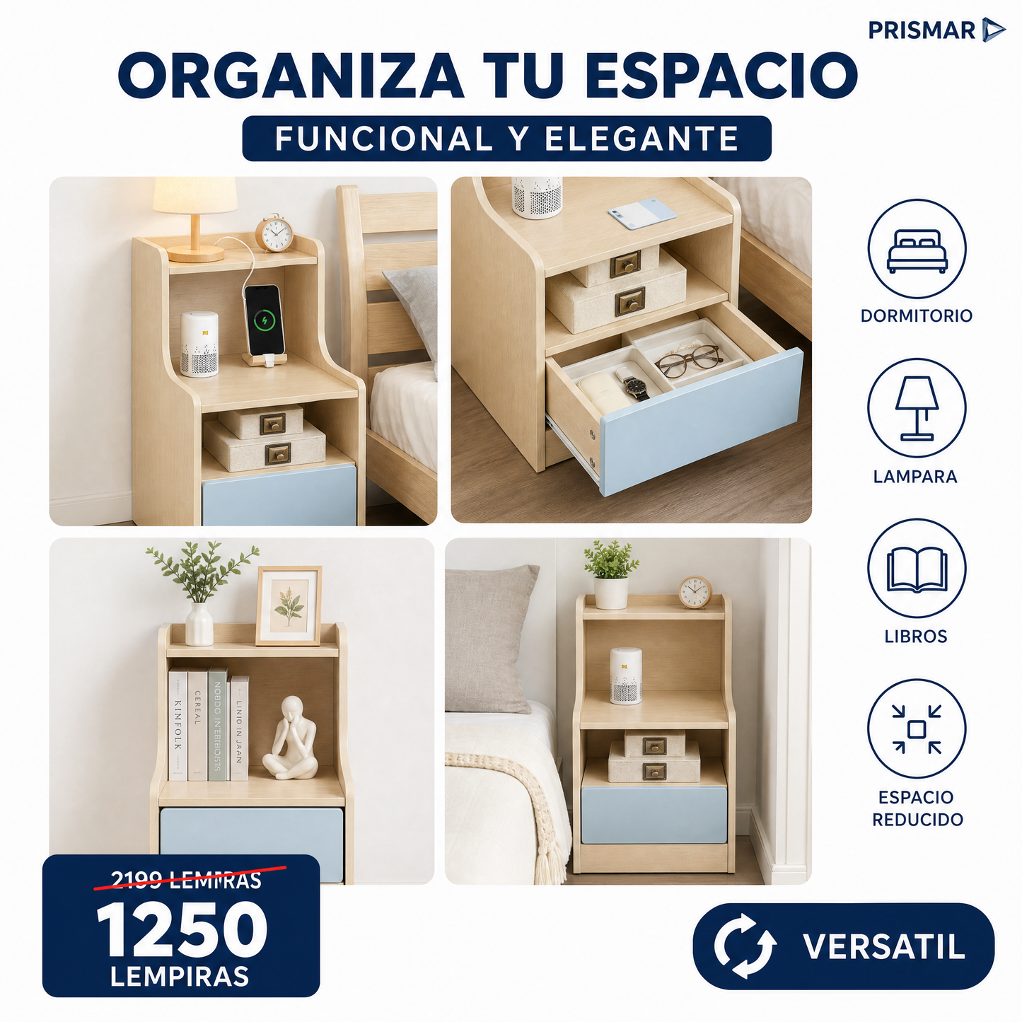 Mesa de Noche Compacta Moderna con Cajón y Repisas