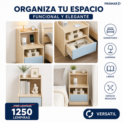 Mesa de Noche Compacta Moderna con Cajón y Repisas