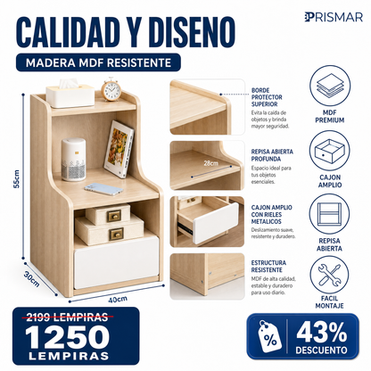 Mesa de Noche Compacta Moderna con Cajón y Repisas