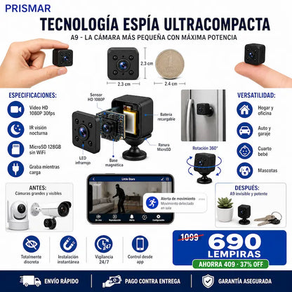 MINI CAMARA ESPIA A9 – Ultra Mini + Imán + Rotación 360° + Visión Nocturna + Garantía Extendida