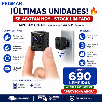 MINI CAMARA ESPIA A9 – Ultra Mini + Imán + Rotación 360° + Visión Nocturna + Garantía Extendida