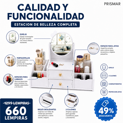 Organizador de Maquillaje y Joyas con Espejo y 2 Cajones