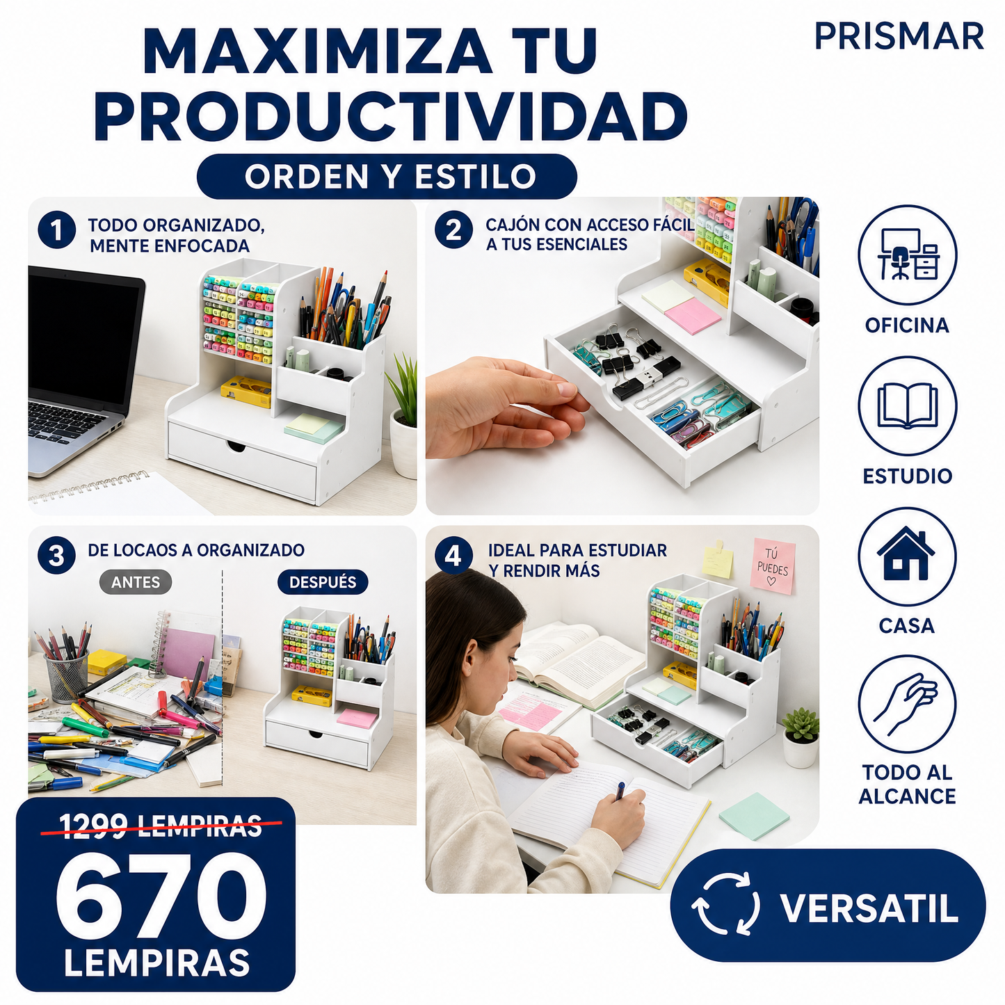 Organizador de Escritorio Multifuncional con Cajón y Compartimentos