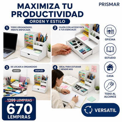 Organizador de Escritorio Multifuncional con Cajón y Compartimentos