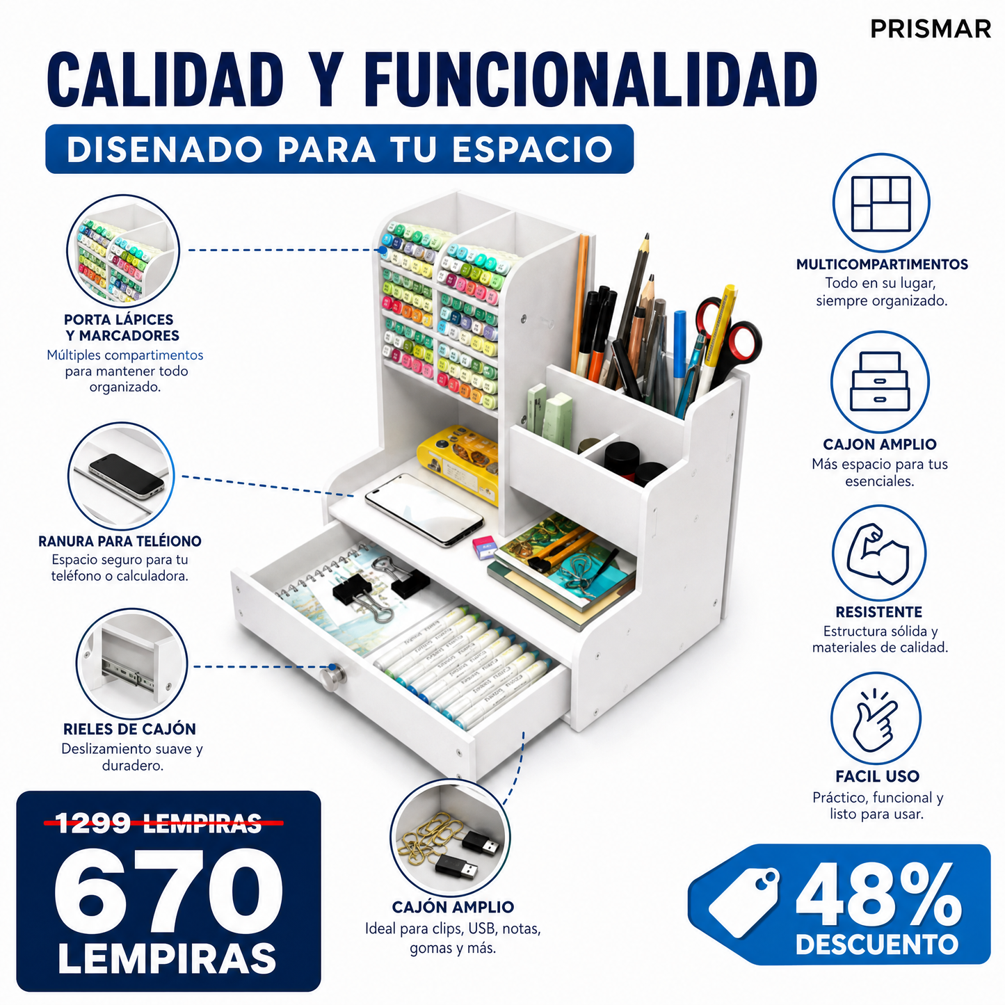 Organizador de Escritorio Multifuncional con Cajón y Compartimentos
