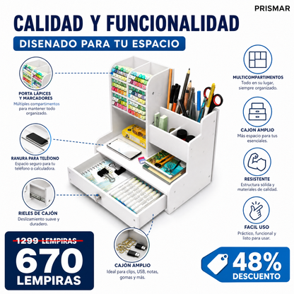 Organizador de Escritorio Multifuncional con Cajón y Compartimentos