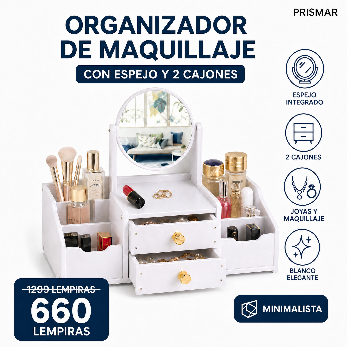 Organizador de Maquillaje y Joyas con Espejo y 2 Cajones