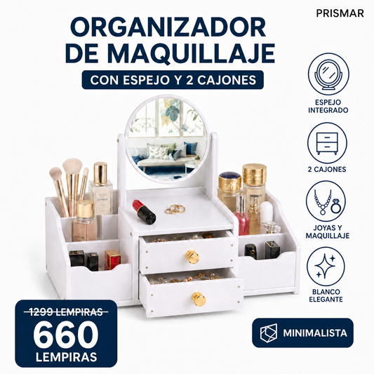 Organizador de Maquillaje y Joyas con Espejo y 2 Cajones