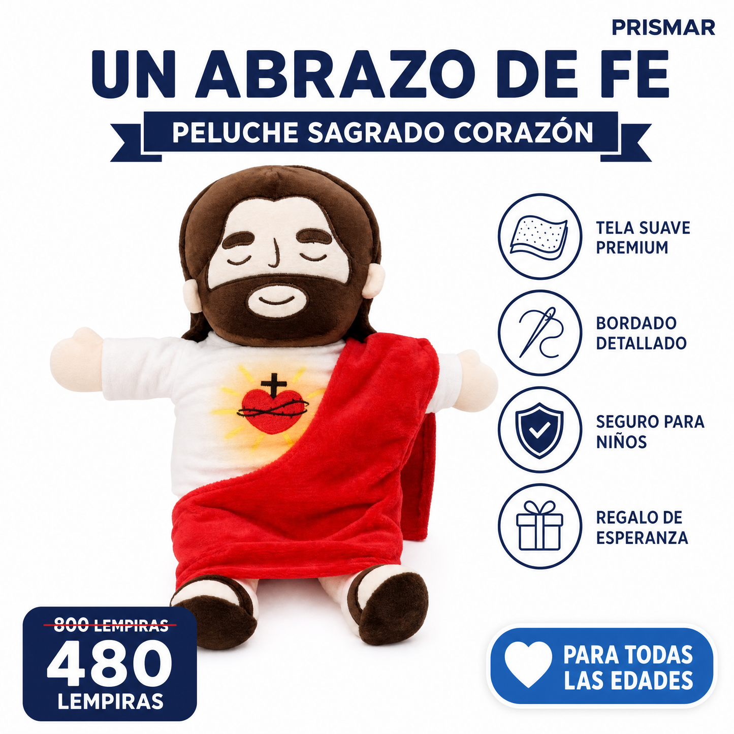 Peluche Sagrado Corazón de Jesús — Tela Suave Premium · Bordado · Regalo de Fe