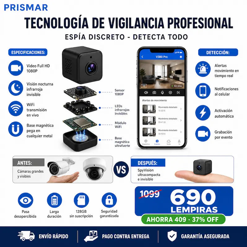 Mini Cámara Espía SpyVision™ – Full HD 1080P + Visión Nocturna + Alerta de Movimiento + Garantía Extendida