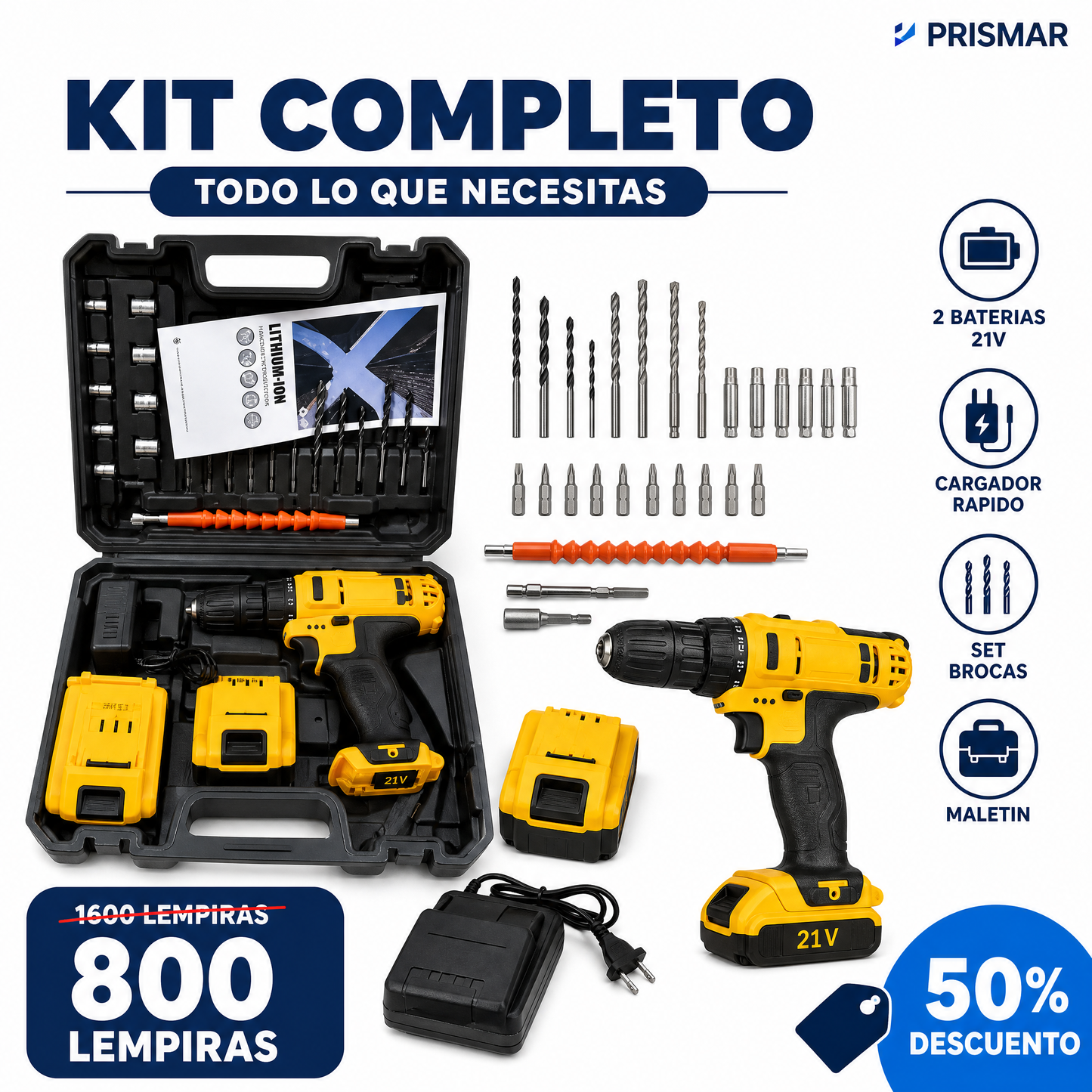Kit Taladro Inalámbrico 3 en 1 — 21V · 2 Baterías · 35 N.m · Percutor + Taladro + Atornillador