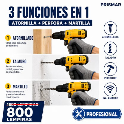 Kit Taladro Inalámbrico 3 en 1 — 21V · 2 Baterías · 35 N.m · Percutor + Taladro + Atornillador