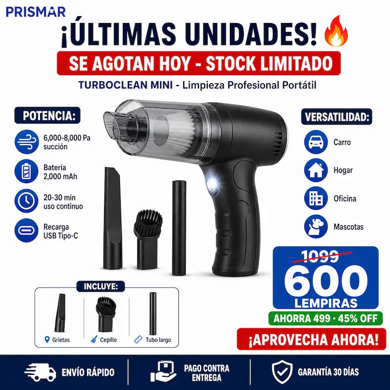 TurboClean™ – Potente mini aspiradora premium Inalámbrica Multiusos+ Garantia extendida